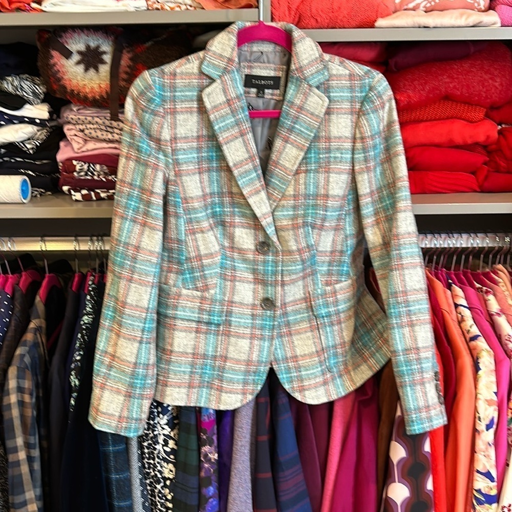 Talbots plaid gray/teal/pink blazer size 2